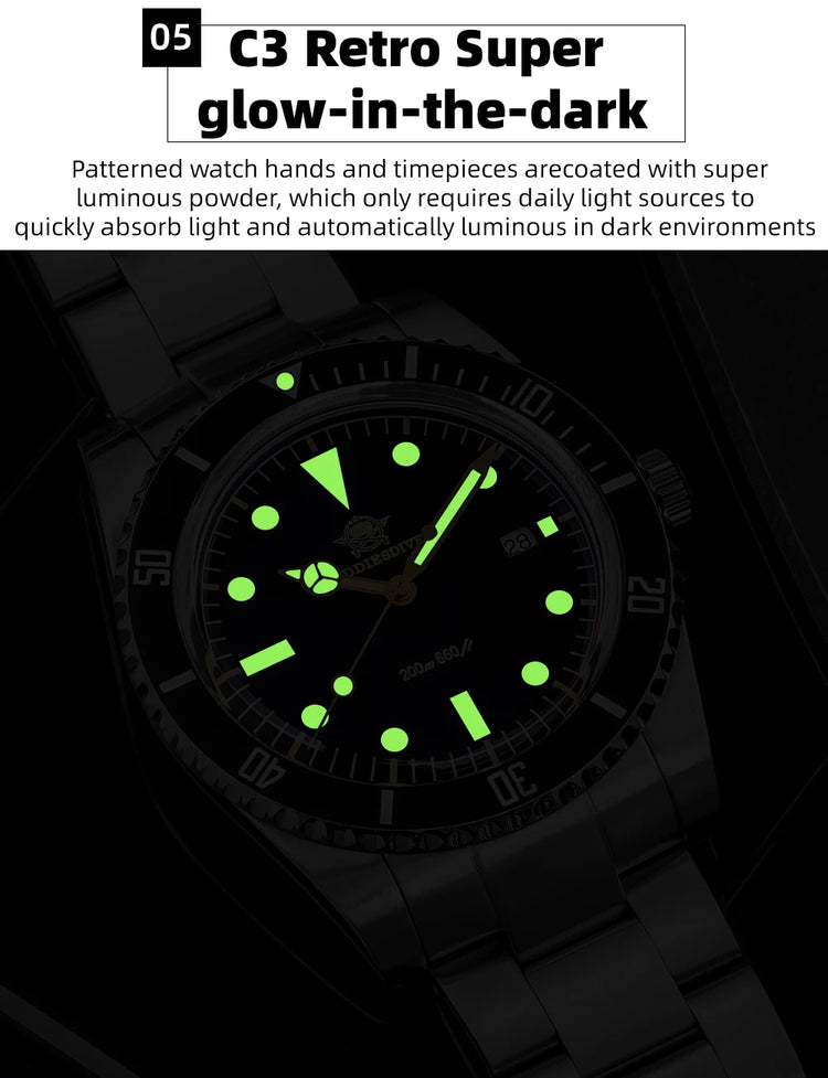 ADDIESDIVE 39mm Men's Analog Quartz Watch Ceramic Bezel K1 Domed Glass 200m Water Resistance C3 Super Luminous  Men's Dive Watch