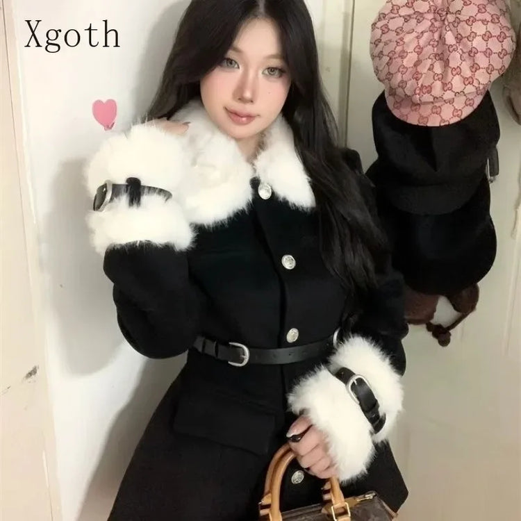 Women's Coats Advanced Sense Plush Spliced Turndown Collar Single Breasted Waist Retraction Skirt Style Woolen Coat Lady Clothes