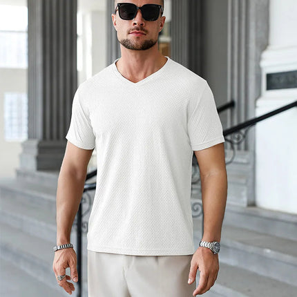 2025 New Men's Casual Short Sleeved Bone Flower Solid Color O-neck T-shirt Fashion Breathable Comfortable Summer Versatile Top PlatiNum