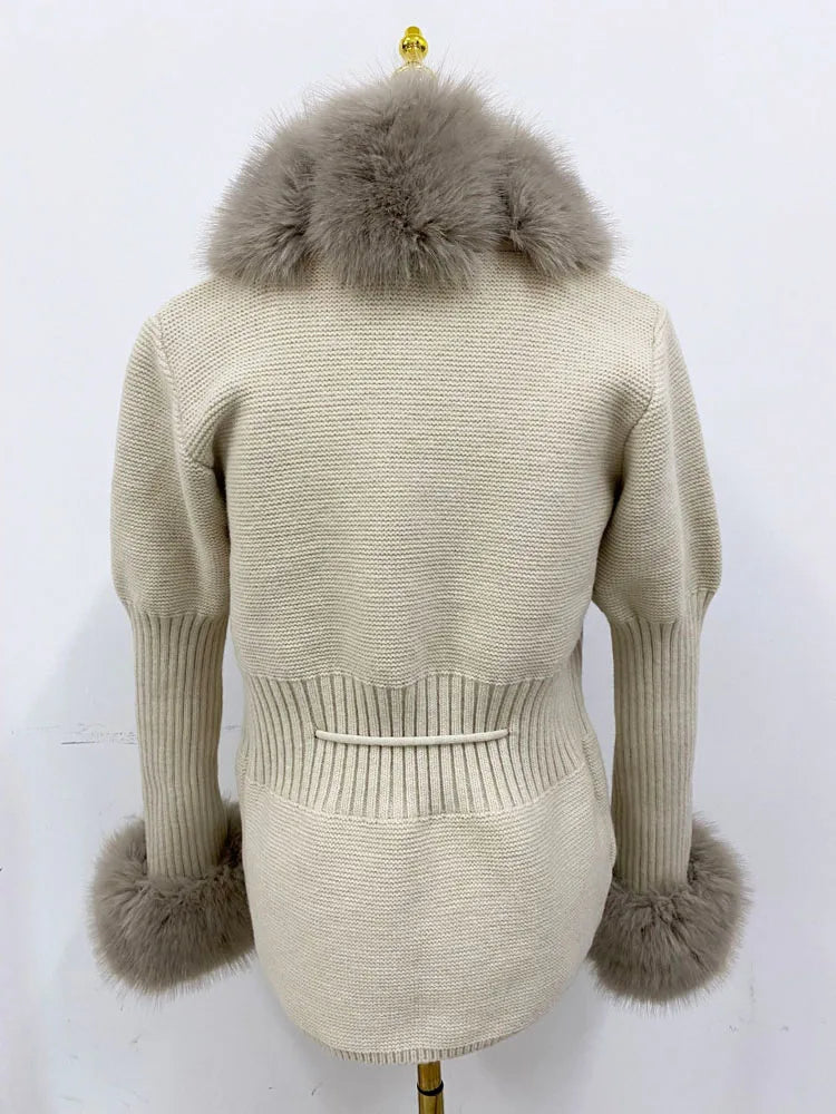 ZADORIN Autumn Winter Women Faux Fur Coat Luxury Knitted Sweater Fur Cardigan Detachable Collar White Pink Jacket Faux Fur Coats
