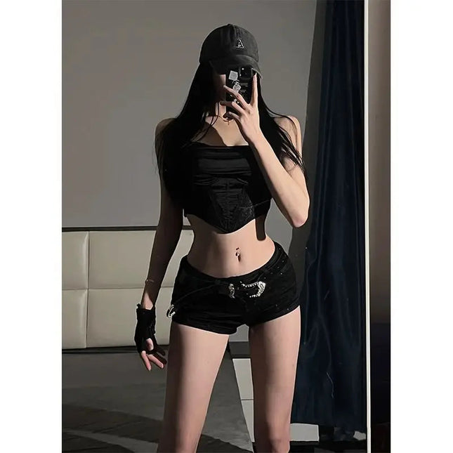 Stretchy Ripped Hem Low Rise Gothic Denim Shorts Slimming Black Hotpants for Women Y2K High Street Booty Shorts PlatiNum