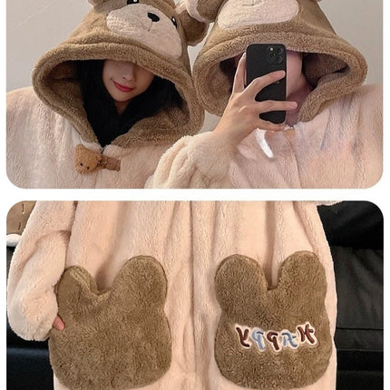 Winter Pajamas Cartoon Bear Costume Pijama Kawaii Adult Couples Kigurumis Sleepwear Jumpsuits Coral Fleece Loose Warm Homewear