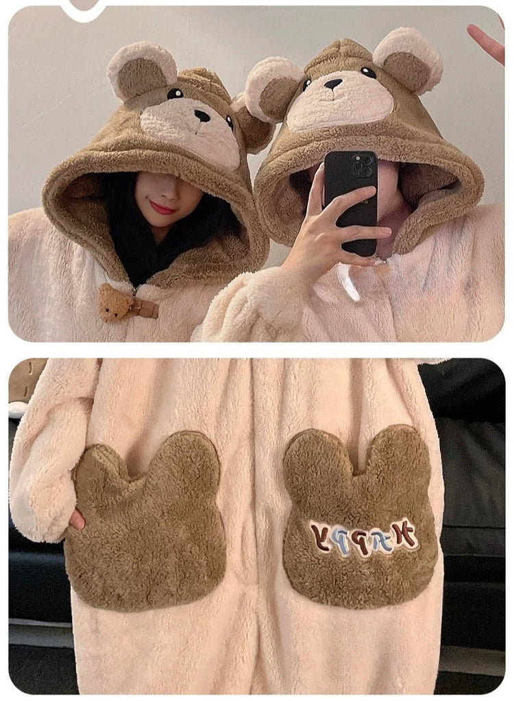 Winter Pajamas Cartoon Bear Costume Pijama Kawaii Adult Couples Kigurumis Sleepwear Jumpsuits Coral Fleece Loose Warm Homewear