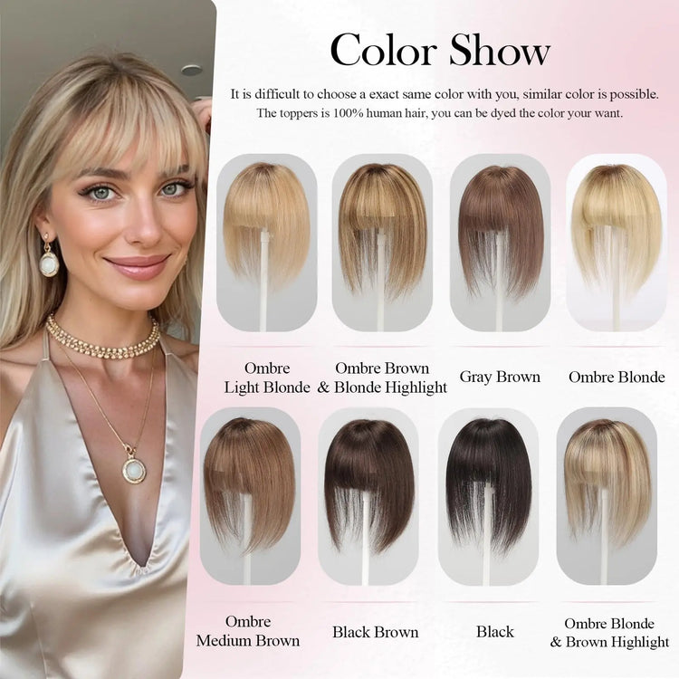 Ombre Light Blonde Real Human Hair Toppers with Swiss Lace Base Hair 3D Air Bangs 10inch Human Hair Topper for Women Hair Loss