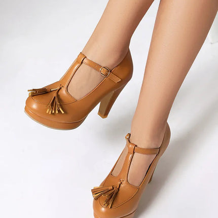 NASBAVI Fashion Female Pumps Round Toe Chunky Heels 9cm Platform 1.5cm Buckle T-Strap Tassels Plus Size 46 47 48 Sexy Shoes PlatiNum