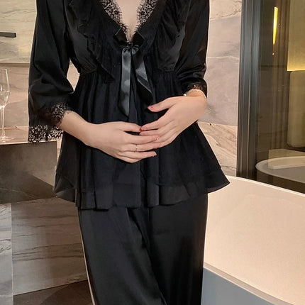 Set di indumenti da notte per la casa in raso di pizzo e pizzo da donna, pantaloni con top in pizzo dolce a V profondo, due pezzi di vestiti per la casa di grandi dimensioni bianco nero viola