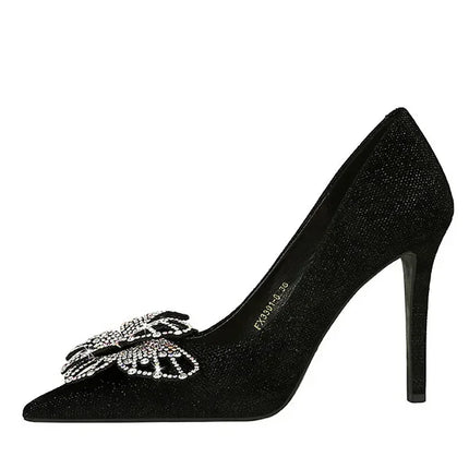 NUOVE Décolleté da donna con strass Tacchi alti a farfalla 10 CM Tacchi a spillo da donna in pelle scamosciata Scarpe da banchetto di lusso Scarpe da sposa di moda