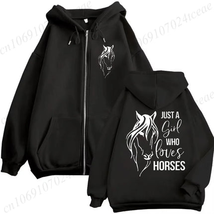 Autumn Winter Woman Zip Up Hoodies Just A Girl Who Loves Horses Print Top Funny Harajuku Streetwear Horses Lovers Sweatshirts