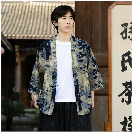 Camicie in Lino Stile Etnico con Stampa Yukata per Uomo e Donna, Abbigliamento Asiatico, Kimono Giapponese Harajuku, Camicie Retrò da Uomo