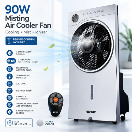 Ventilatore Evaporativo ZEPHIR 90W con Nebulizzatore, Serbatoio da 2,5L, 3 Velocità, Telecomando, Raffrescatore d'Aria
