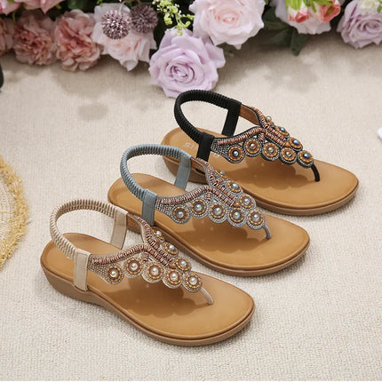 New 2026 Women's Summer Bohemian Style Sandals, Flip-Flop Design with Beaded and Rhinestone Buckle, Elastic Heel Strap, Comfortable Everyday Shoes