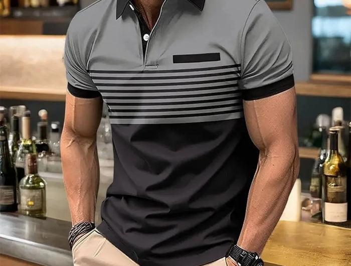 Men's European and American Summer Striped Print Polo Shirt, Comfortable and Breathable, Urban Outdoor Casual Top