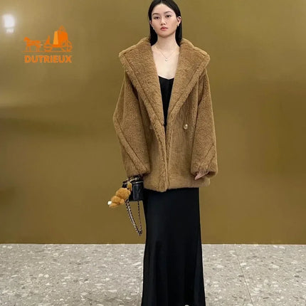 New Winter Women's Short Teddy Jacket,62% Alpaca Wool 26% Sheep Wool 12% Silk, Fashionable and Elegant Thick Warm Coat for Women