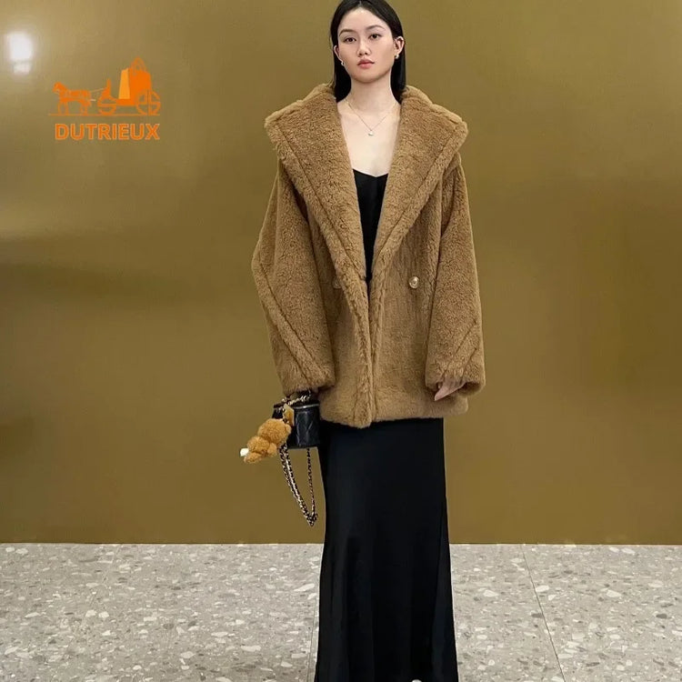 New Winter Women's Short Teddy Jacket,62% Alpaca Wool 26% Sheep Wool 12% Silk, Fashionable and Elegant Thick Warm Coat for Women
