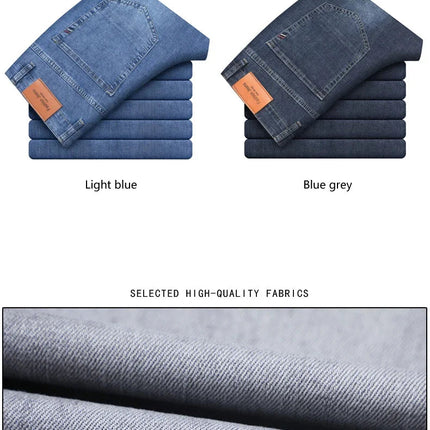 Summer Thin Men's Elastic Cotton Jeans Fashion Gray Comfortable Business Straight Casual Pants Brand Male Clothes Trousers PlatiNum