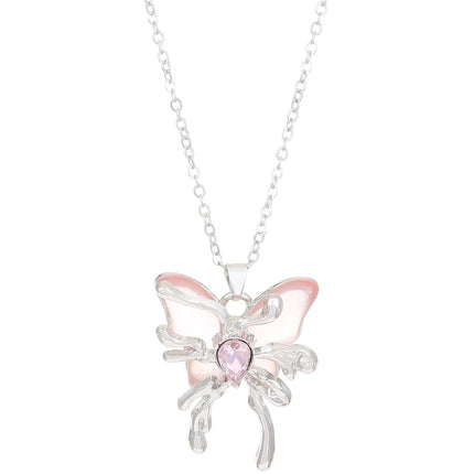 Y2K Sweet Cool Liquid Pink Butterfly Pendant Necklace Female Pink Zircon Water Drop Versatile Necklace Summer New Jewelry PlatiNum