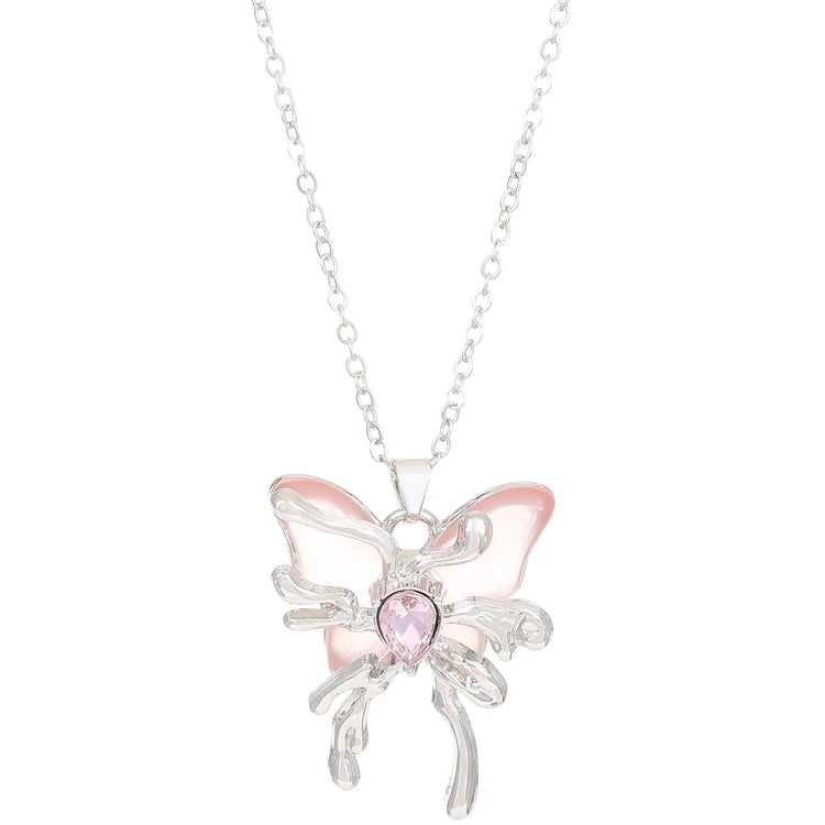 Y2K Sweet Cool Liquid Pink Butterfly Pendant Necklace Female Pink Zircon Water Drop Versatile Necklace Summer New Jewelry PlatiNum
