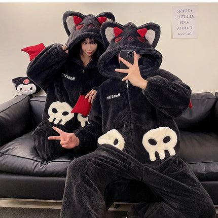 DAIMELU hooded male pajamas set men's cartoon winter thickened coral fleece flannel boy one-piece loungewear suit sleepwear