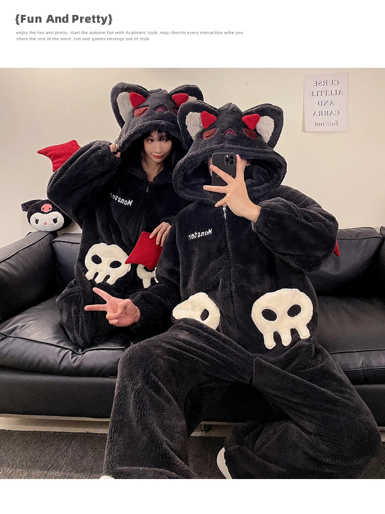DAIMELU hooded male pajamas set men's cartoon winter thickened coral fleece flannel boy one-piece loungewear suit sleepwear