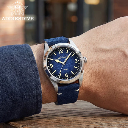 ADDIESDIVE NEW Luxury Quartz Men's 36mm Watch AD2544 Sapphire Crystal 100M Waterproof C3 Retro Luminous Leather Strap Wristwatch