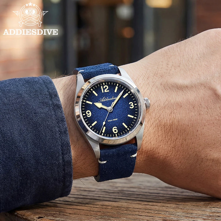 ADDIESDIVE NEW Luxury Quartz Men's 36mm Watch AD2544 Sapphire Crystal 100M Waterproof C3 Retro Luminous Leather Strap Wristwatch
