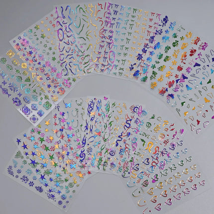 12Pcs 3D Rainbow Bowknot Star Geometry Lines Nail Stickers Love/Frame/Flower Self-Adhesive Nails Sliders 8*10cm Manicure Decals