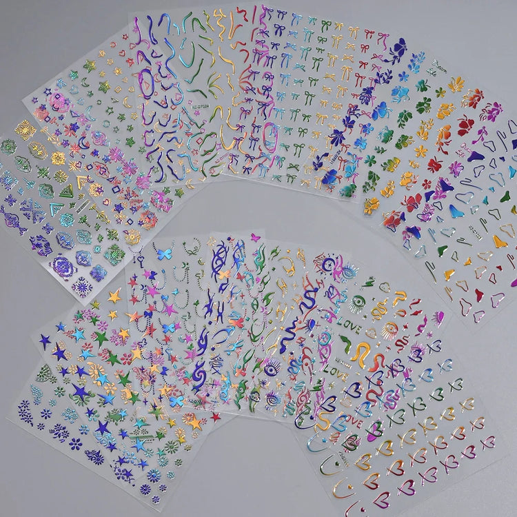 12Pcs 3D Rainbow Bowknot Star Geometry Lines Nail Stickers Love/Frame/Flower Self-Adhesive Nails Sliders 8*10cm Manicure Decals