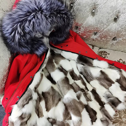 Winter Long Jacket Real Fur Coat Women Clothes Large Silver Fox Fur Collar Detachable Natural Fox Lining Parkas Leather Fur