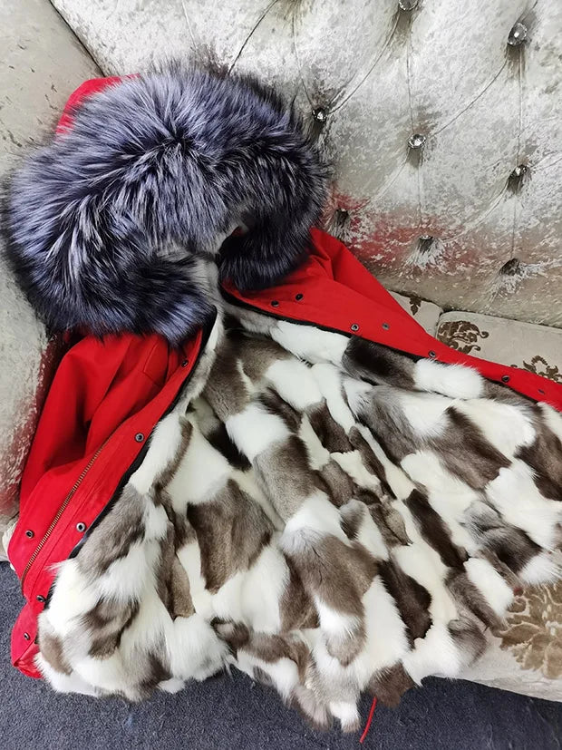 Winter Long Jacket Real Fur Coat Women Clothes Large Silver Fox Fur Collar Detachable Natural Fox Lining Parkas Leather Fur