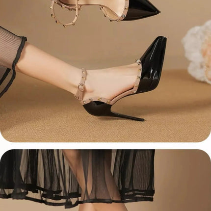 Sandali Nude con Punta a Spillo e Fibbia da Donna, Tacco Sottile Estivo, Impermeabili, con Plateau, Comodi, con Rivetti, in Pelle Sintetica platinumshop