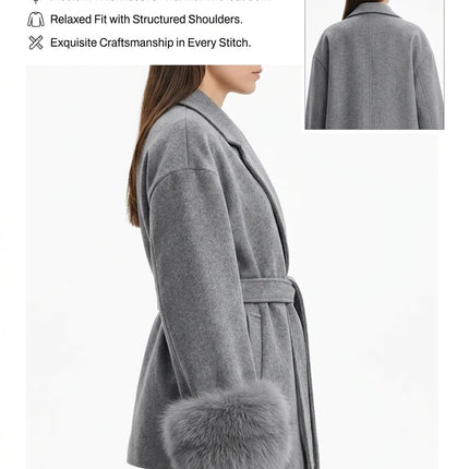 Women's Woolen Coat with Faux Fur Cuffs Belted Waist Short Autumn Winter Wrap Jacket