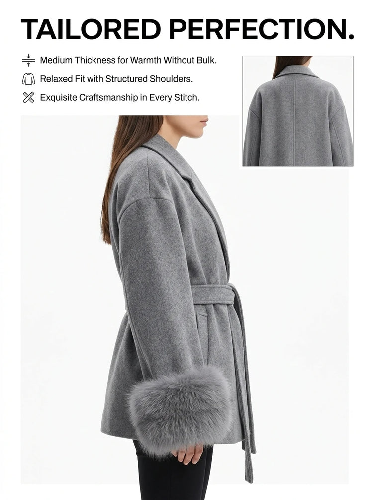 Women's Woolen Coat with Faux Fur Cuffs Belted Waist Short Autumn Winter Wrap Jacket