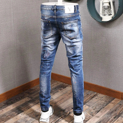 Fashion Streetwear Men Jeans Retro Black Blue Elastic Slim Fit Ripped Jeans Men Spliced Designer Embroidery Hip Hop Denim Pants PlatiNum