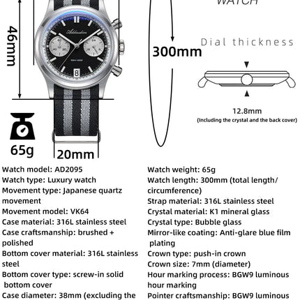 ADDIESDIVE NEW Men's Watches VK64 Movement Quartz Wristwatch Waterproof 100m Chronograph AR Coating 38mm Luxury Watch Man AD2095