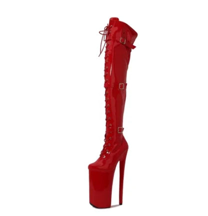 CACA 26cm Extreme High Heels Women Thigh High Boots,Fetish Platform Booties,Buckles Botas,Men Cosplay Shoes,Black,Red,Dropship