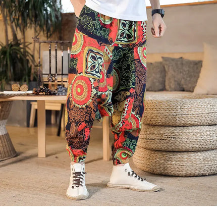 Pantaloni Harem da Uomo 2026 Stile Retrò con Stampa, Pantaloni Jogger Larghi e Comodi con Cavallo Ribassato, Stile Nepal Oversize, Pantaloni Casual da Uomo con Cavallo Ribassato