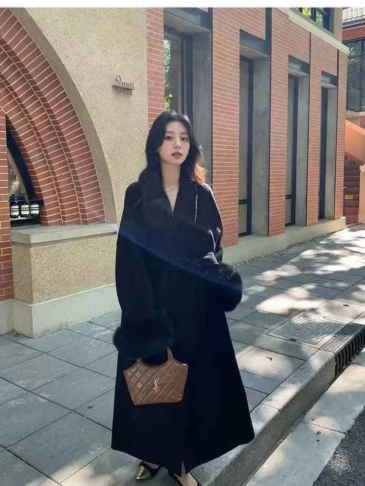 BJTZ Fox Fur Classic Long Double-Sided Pure Wool Coat For Women 2025 New Autumn Winter High-End Woolen Jacket