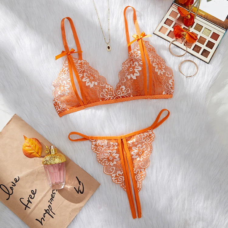 Floral Lace Bra Set Bow Intimates Bra And Thongs Sets Outfit Women's Underwear Set
