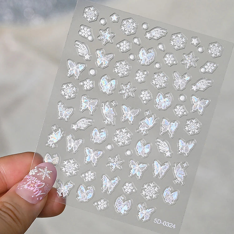5D Hibiscus Flower Nail Embossed Sticker Acrylic Pink White Gold Petal Leaf Adhesive Decal Butterfly Dragon Floral Elegant Decor