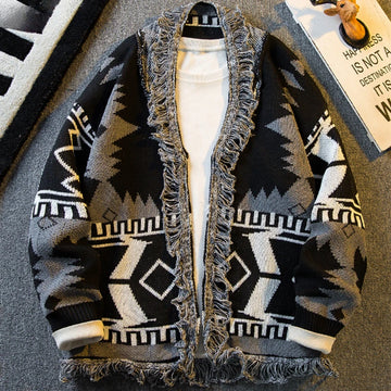 Autumn Ethnic Style V-neck Knitted Cardigan Sweater Men's Loose Casual High Street Personalized Knitted Jackets Male Clothes