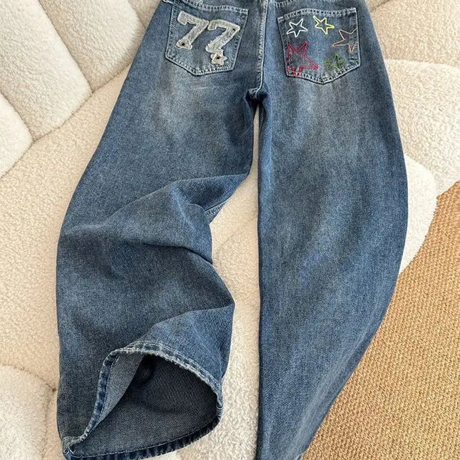 Jeans in denim a vita alta a gamba larga stile street americano con ricamo a stella, nuovo design da donna, pantaloni lunghi dritti e larghi