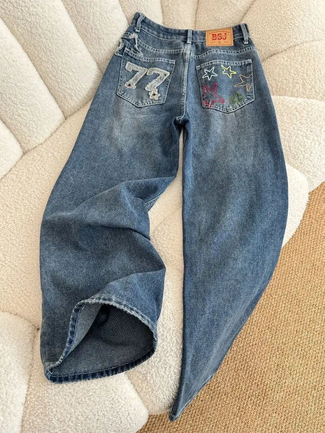 Jeans in denim a vita alta a gamba larga stile street americano con ricamo a stella, nuovo design da donna, pantaloni lunghi dritti e larghi