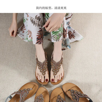 New 2026 Women's Summer Bohemian Style Sandals, Flip-Flop Design with Beaded and Rhinestone Buckle, Elastic Heel Strap, Comfortable Everyday Shoes
