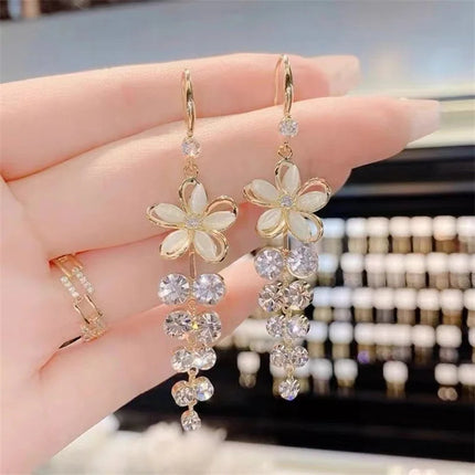 Green Shiny Zircon Flower Drop Earrings For Women Luxury Crystal Long Tassel Ear Line Hanging Earring Girls Wedding Jewelry Gift PlatiNum