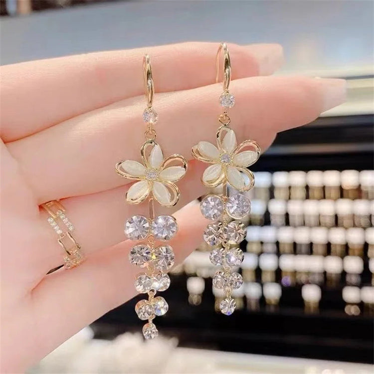 Green Shiny Zircon Flower Drop Earrings For Women Luxury Crystal Long Tassel Ear Line Hanging Earring Girls Wedding Jewelry Gift PlatiNum