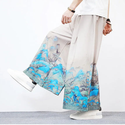 Nuovi Pantaloni da Uomo con Stampa Tradizionale a Gru, Stile Cinese Vintage, Pantaloni Harem Estivi, Pantaloni Larghi Hanfu Oversize da Uomo