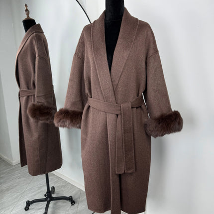 TARUXY Fox Fur Woolen Long Coats Women's Office Lady Removable Elegant Coat Double-sided Wool Overcoat 2025 New Cardigan Jacket