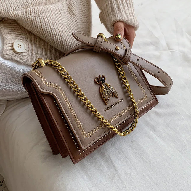 CGCBAG Luxury Brand Women Handbag 2024 New Retro Bee Female Shoulder Bag Simple High Quality Leather Designer Crossbody Bags PlatiNum
