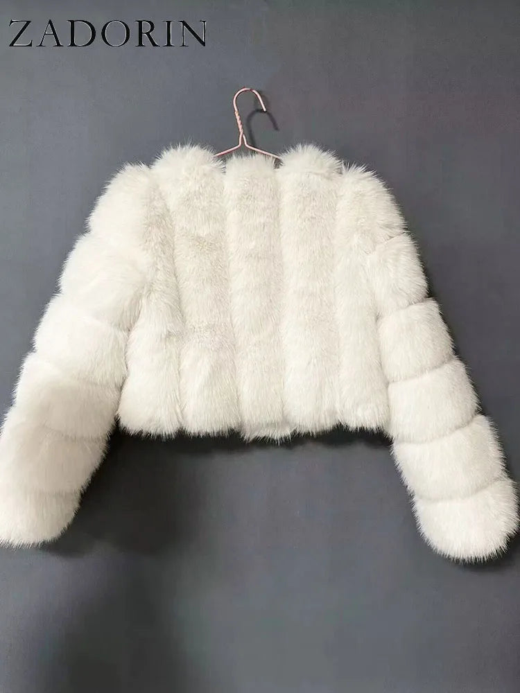 ZADORIN Luxury Cropped White Faux Fox Fur Coat Woman Clothing V Neck Long Sleeve Winter Fluffy Faux Fur Jacket Fur Coats Woman