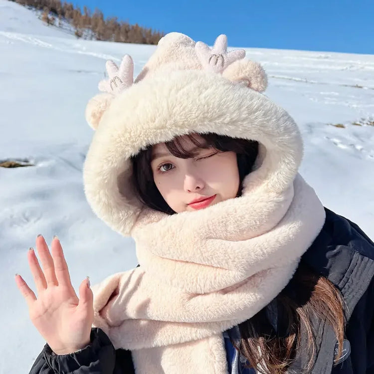 New Fashion Scarf Hat Glove Women Cute Big Ear Bunny Beanie Winter Warm Soft Thickening Pocket Warm Ear Hats Hooded Skullie Caps